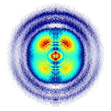 Aufbau zur Messung der Kontrolle einzelner Elektronen in Molekülen mit ultrakurzen Laserpulsen: die Wellenform der Laserpulse wird mittels zweier Glaskeile eingestellt. Die Laserpulse wechselwirken mit den Molekülen in einem Velocity-Map Imaging (VMI) Spektrometer, in dem die entstehende Verteilung von Ionen (hier C+ Ionen) nach dem Auseinanderbrechen des Moleküls auf einen Detektor (rechts) abgebildet wird. Das Bild auf dem Detektor zeigt eine oben-unten Asymmetrie entlang der senkrechten Polarisationsachse des Lasers. Die Orbitalsymmetrie der ionisierten Orbitale des CO wird in der Winkelverteilung anhand der 45° Keulen deutlich, die mittels der theoretischen Berechnungen vorhergesagt werden kann (schwarze Linie). Illustration: Christian Hackenberger/LMU