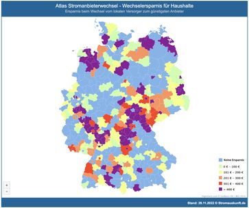 Atlas Stromanbieterwechsel - Wechselersparnis für Haushalte in Deutschland