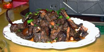 Hundefleisch-Gericht, Guilin, China mit einem Hundeschwanz garniert.