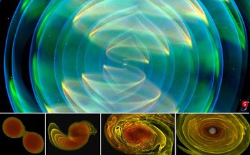 Computersimulation von der Kollision zweier Neutronensterne. (Details: siehe Meldungstext)
Quelle: Visualisierung: T. Dietrich, S. Ossokine, H. Pfeiffer, A. Buonanno (MPI für Gravitationsphysik) (idw)