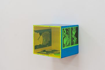Henrik Olesen / Box, 2018 / Siebdruck auf Holz, Acryl, Lack, Druck auf Papier, Plexiglas / 32 x 39 x 32 cm Bild: Kunstmuseum Liechtenstein Fotograf: Maier Sandra