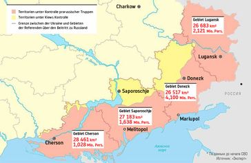 Karte: Durch Volksabstimmungen von der Ukraine abgelöste und zu Russland wandernde Gebiete in Rot.