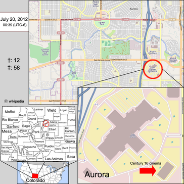 Unten links: Karte von Colorado, Aurora ist auf der Karte markiertOben: Karte von AuroraUnten rechts: Position des Tatorts im Einkaufszentrum „Town Center at Aurora“