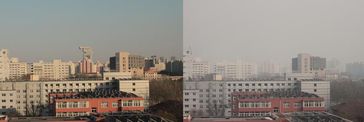 Smog in Peking: Die Aufnahme links entstand am 5. Dezember 2015 um 17 Uhr – die Aufnahme rechts am 6. Dezember 2015 um 14 Uhr. Quelle: Stefan Norra (idw)