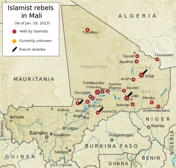 Lage am 18. Januar 2013: Die drei Regionen Timbuktu, Kidal und Gao bilden den als Azawad bezeichneten nördlichen Teil von Mali, der von Islamisten als eigenständiges Territorium beansprucht