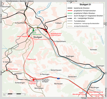 Überblick der im Zuge von Stuttgart 21 geplanten Veränderungen an Bahnanlagen im Raum Stuttgart