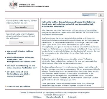 Screenshot der Wirtschafts- und Korruptionsstaatsanwaltschaft (WKStA) Webseite