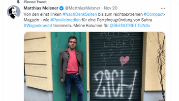 "Rechtsoffene" NachDenkSeiten? Der frühere Tagesspiegel-Redakteur Matthias Meisner, der heute unter anderem für den staatlich subventionierten Internetpranger "Gegneranalyse" schreibt. Bild: Screenshot: Twitter / Matthias Meisner  /RT