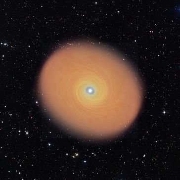 Künstlerische Darstellung der Gas- und Staubscheibe um den massereichen jungen Stern AFGL 4176, die Astronomen jetzt nachgewiesen haben. Quelle: Bild: K. G. Johnston und ESO (Hintergrundbild) (idw)