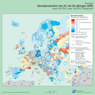 Geschlechterverhältnis der 25- bis 29-Jährigen 2008 in Europa
Quelle: Karte: IfL 2011 (idw)