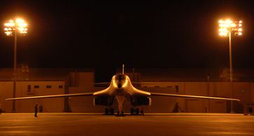 A 28th Bomb Wing B-1B on the ramp in the early morning at Ellsworth Air Force Base, South Dakota