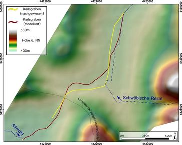 Vergleich des nachgewiesenen und modellierten Verlaufes des Karlsgrabens
Quelle: Schmidt et al. 2018, PLOS ONE (idw)