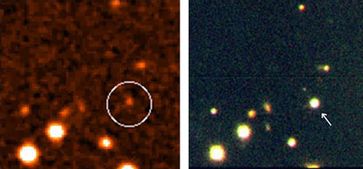 Das linke Bild zeigt die Himmelsgegend der Supernova SN 2006aj vor der Explosion. Die Lichtquelle innerhalb des Kreises ist die Galaxie, in welcher der Stern explodierte. Sie ist rund 430 Millionen Lichtjahre von der Erde entfernt. Das rechte Bild ist eine Aufnahme der Supernova (Pfeil) mit dem Very Large Telescope der Europäischen Südsternwarte. Beide Bilder haben einen Durchmesser von etwa einer Bogenminute.  Bild: The European Southern Observatory