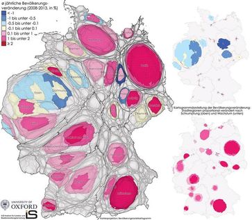 Kartogrammdarstellungen der Bevölkerungsveränderung in den Stadtregionen Deutschlands (2008-2013)
Quelle: Benjamin Hennig, Stefan Kaup / © 2015 School of Geography and the Environment, University of Oxford und Institut für Landes- und Stadtentwicklungsforschung, Dortmund (idw)