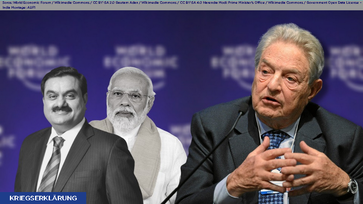 Bild: Soros: World Economic Forum / Wikimedia Commons / CC BY-SA 2.0 Gautam Adan / Wikimedia Commons / CC BY-SA 4.0 Narendra Modi: Prime Minister's Office / Wikimedia Commons / Government Open Data License – India Montage: AUF1 / Eigenes Werk