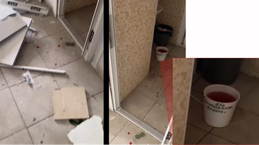 Video, dass das angebliche Kriegsverbrechen aus dem Inneren des Gebäudes dokumentieren soll, zeigt einen Eimer mit einer roten Flüssigkeit.