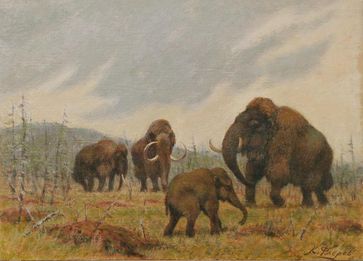 Mammutgruppe mit Jungtier in sommerlicher Eiszeitlandschaft
Quelle: Maler C. C. Flerov, Privatbesitz (idw)