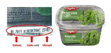 Codierung auf der Verpackung. iglo Deutschland ruft vorsorglich das Produkt "iglo Petersilie" zurück und warnt vor dem Verzehr der relevanten Charge. Dabei handelt es sich um das Produkt mit dem Mindesthaltbarkeitsdatum 01.2019 und der im Folgenden genannten und abgebildeten Codierung, die auf der Verpackungsseite angegeben ist. Bild: "obs/iglo Deutschland"