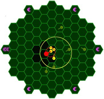 In dem Experiment wurden monetäre Anreize zu Gruppenkohäsion und zielgerichtetem Verhalten gegeben. Die roten und gelben Kreise zeigen verschiedene Streuungsgrade der Spielerpositionen an.
