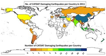 Erdbeben 2011: Die am häufigsten betroffenen Länder sind dunkelgrün und dunkelblau eingefärbt. (Grafik: CEDIM, GPI, Earthquake Report)
Quelle:  (idw)