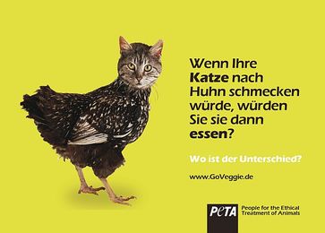 Das PETA-Anzeigenmotiv fragt nach dem Unterschied zwischen sogenannten „Haus-“ und „Nutztieren“. Bild: © PETA