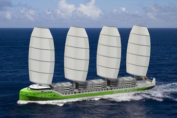 Die niederländische Firma „fair transport“ baut derzeit ein Frachtschiff, das zu mindestens 50 Prozent per Windkraft angetrieben werden soll.
Quelle: Grafik: Dykstra (idw)