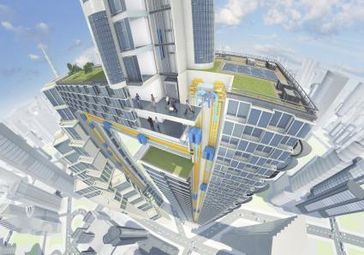 ThyssenKrupps MULTI besteht aus mehreren Kabinen pro Schacht und ermöglicht eine vertikale und horizontale Bewegung. Bild: "obs/ThyssenKrupp Elevator AG"