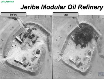 Eine weitere US-Aufnahme von einem Luftangriff auf die Jeribe-Ölraffinerie.