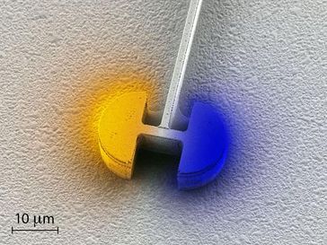 Kernstück des neuen Mikrolasers ist der elektrische Resonator, bestehend aus zwei halbkreisförmigen Kondensatoren, die durch eine Spule verbunden sind (hier eine Rasterelektronen-Mikroskop-Aufnahme). Die Farbintensität repräsentiert die Stärke des elektrischen Feldes; die Farbe selbst, die jeweilige Polarität. ETH Zürich