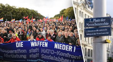 Bild: Symbolbild Friedensdemo (Berlin): Fraktion Die Linke. Im Bundestag, Flickr, CC BY 2.0; Straßenschild: Manfred Werner (Tsui), Wikimedia Commons, CC BY-SA 4.0; Komposition: Wochenblick / Eigenes Werk