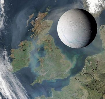 Größenvergleich: Enceladus und Großbritannien (Fotomontage)
