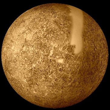 Merkur: Die mit Mariner 10 kartierten Oberflächenteile (der helle Streifen war nicht erfasst worden)