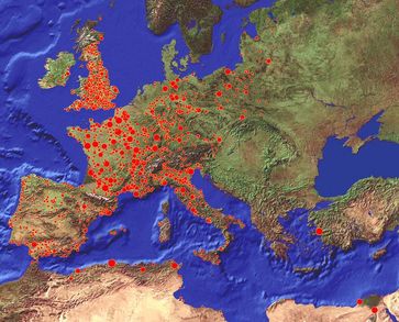Karte mit 7'711 Pest-Ausbrüchen, die sich zwischen 1347 und 1900 AD in Europa ereigneten. Die Daten basieren auf einer im Jahr 1976 veröffentlichten Publikation. Quelle: Grafik: Christian Ginzler (WSL) (idw)