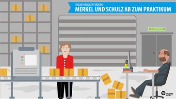 Die Onlinehändler sind frustriert von der Politik / Merkel und Schulz beim Praktikum im Online-Handel. Bild: "obs/Trusted Shops GmbH"