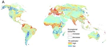 Veränderungen des Vegetationsindex im Zeitraum 1981-2010. Rot: Regionen mit starkem Anstieg der Phot
Quelle: Copyright: Thomas Mueller et al. (idw)