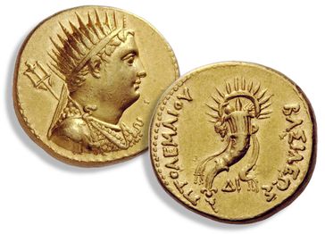 Goldmünze mit dem Porträt Ptomemaios' III. und einem Füllhorn aus der 2. Hälfte des 3. Jahrhunderts v. Chr.
Quelle: © Numismatische Bilddatenbank Eichstätt (NBE)/Jürgen Malitz (idw)