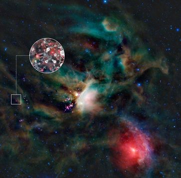 Zuckermoleküle in Gaswolken aus der Umgebung eines jungen Sterns
Quelle: Bild: ALMA (ESO/NAOJ/NRAO)/L. Calçada (ESO) & NASA/JPL-Caltech/WISE Team (idw)