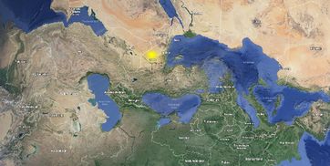 Syrien auf einer Karte nach alter Süd-Nord Ausrichtigung.