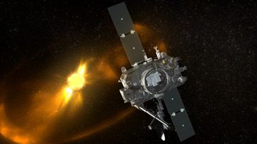 Artist's concept showing a coronal mass ejection (CME) sweeping past STEREO. Copyright: NASA/Goddard Space Flight Center