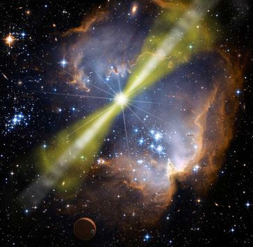 Künstlerische Darstellung eines hellen Gammablitzes in einer Sternenformation. Die Energie aus der Explosion strahlt in zwei schmalen, entgegengesetzt gerichteten Jets.
