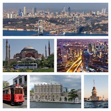 Istanbul: Von oben nach unten (links nach rechts): Skyline von Istanbul mit der ersten Bosporus-Brücke, Hagia Sophia, Finanzdistrikt Levent, historische Tram, Dolmabahçe-Palast, Leanderturm