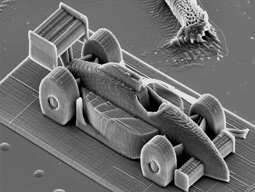 Ein Rennauto mit ca. 285 µm Länge - gedruckt an der TU Wien
Quelle: TU Wien (idw)