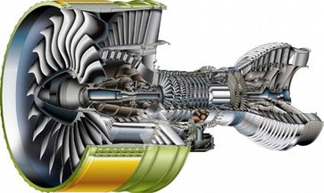 Schnittzeichnung durch das GP7000 Triebwerk. Der LEK94 kommt in der Hochdruckturbine nach der Brennkammer zum Einsatz.