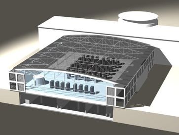 Der neue Platz des Superrechners JUBL selbst ist die moderne, freitragende Halle. Sie ist so ausgelegt, dass Sie flexibel auch kommenden Rechnergenerationen Platz bietet. Quelle: Forschungszentrum Jülich