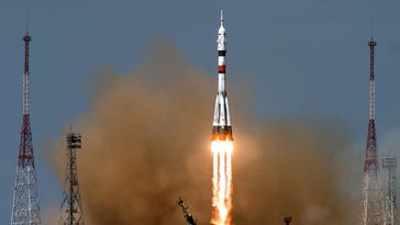 Symbolbild: Der Start des russischen Sojus-Raumschiffs vom Kosmodrom Baikonur in Kasachstan zur Internationalen Raumstation am 9. April 2020