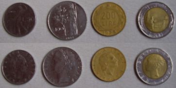 Von links nach rechts: 50, 100, 200 und 500 Lire (Italien)