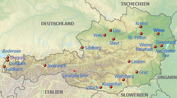 Karte der 17 Oberzentren (Zentrale Orte) in Österreich