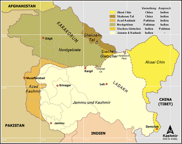 Kaschmir: umstrittene Gebiete und Gebietsansprüche (Indien, Pakistan, China). Bild: Ras67 / de.wikipedia.org