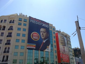 An election campaign poster featuring Erdoğan: "Istanbul is Ready, Target 2023", Taksim Square, Istanbul.