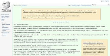 Italienische Wikipediaseite auf der zur Zeit nur ein offener Brief zu sehen ist